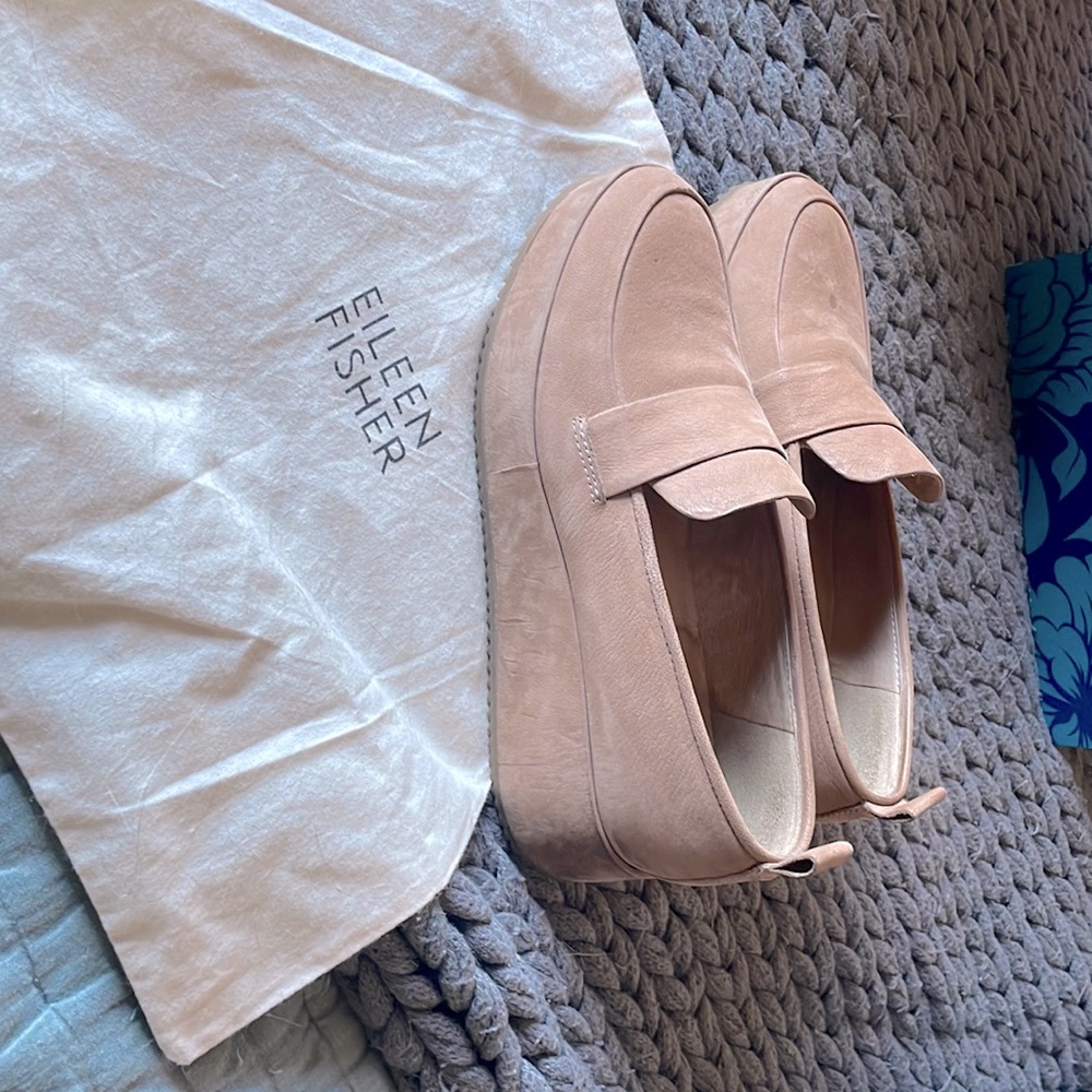 Eileen Fisher platform tan suede loafers.